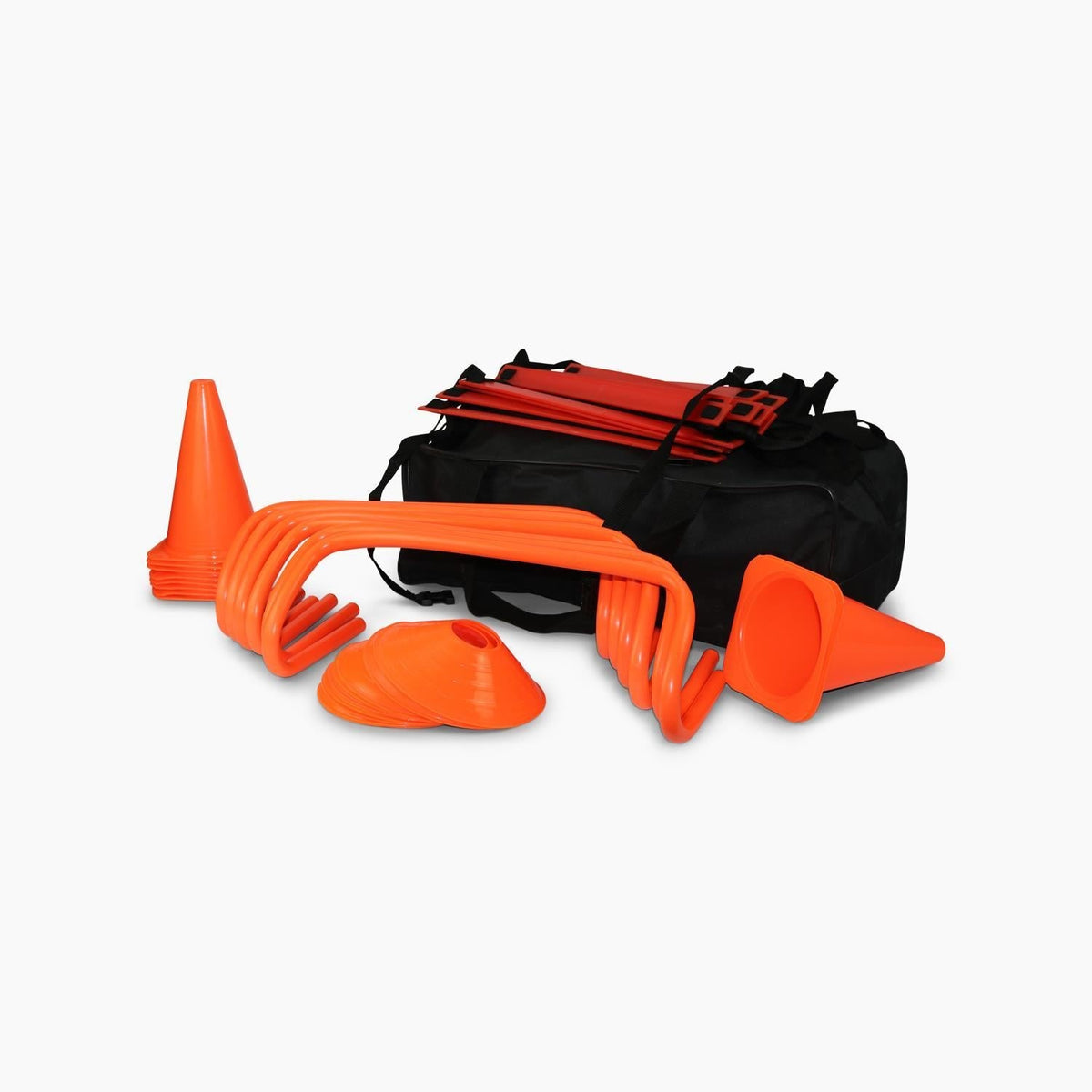Splay agility training equipment with hurdles, cones, ladder and markers