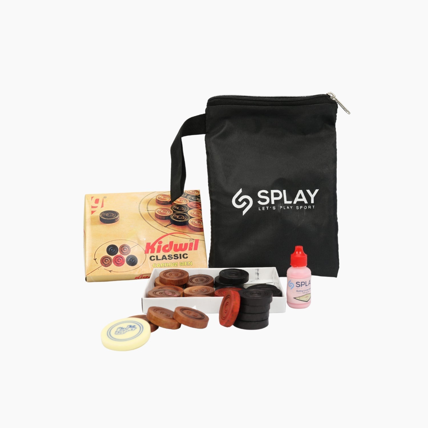 Buy Carrom Board Accessory Set – Counters, Striker, Powder & Bag-Carrom Board Accessory Set-Splay-10 Grams-Splay UK Online