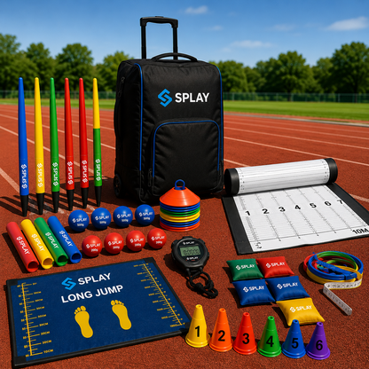 SPLAY long jump training kit arranged on a running track, including a black rolling bag, colored jump markers, cones, balls, a measuring mat, a start/finish clock, sand bags, and other athletic accessories.