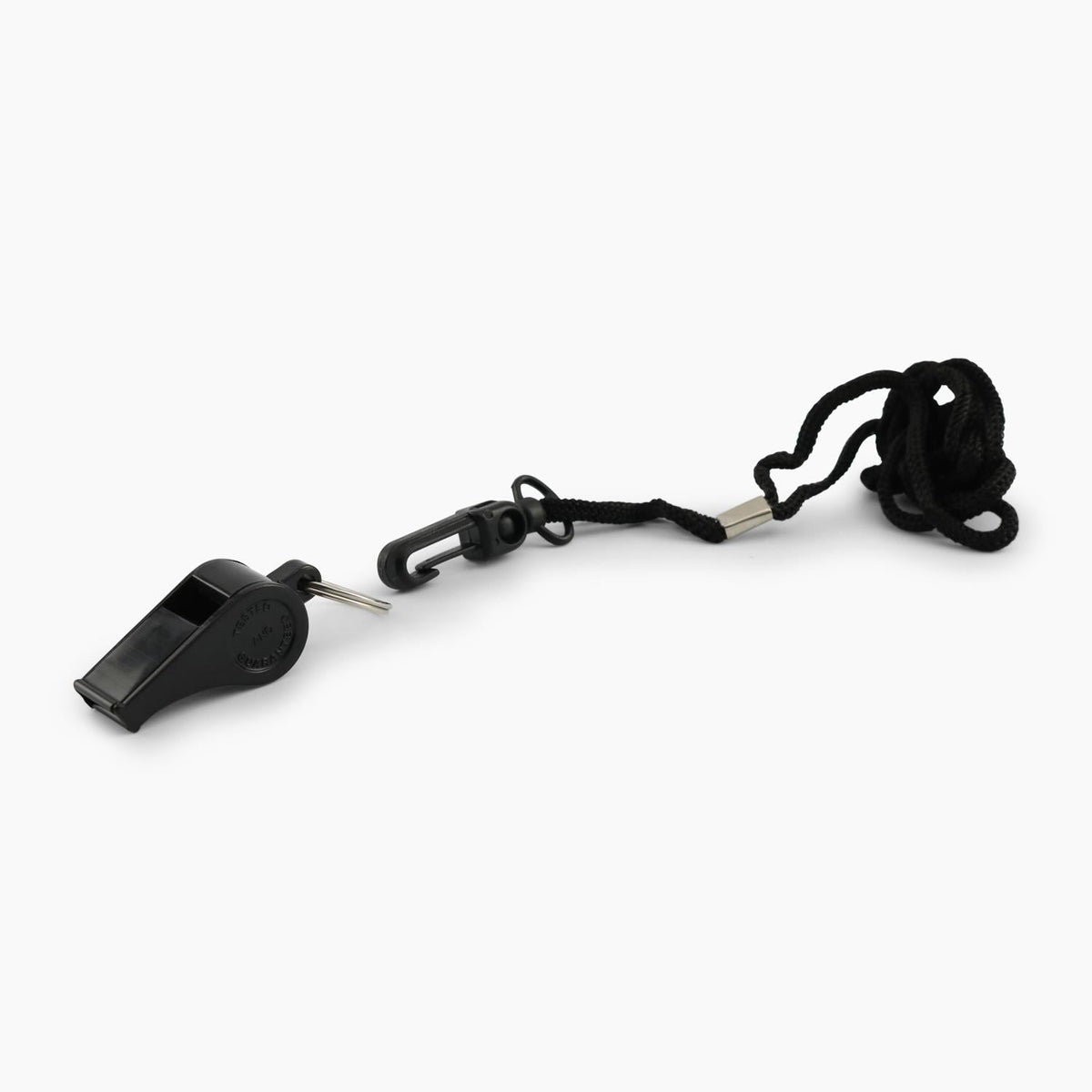 Splay sports whistle with black lanyard