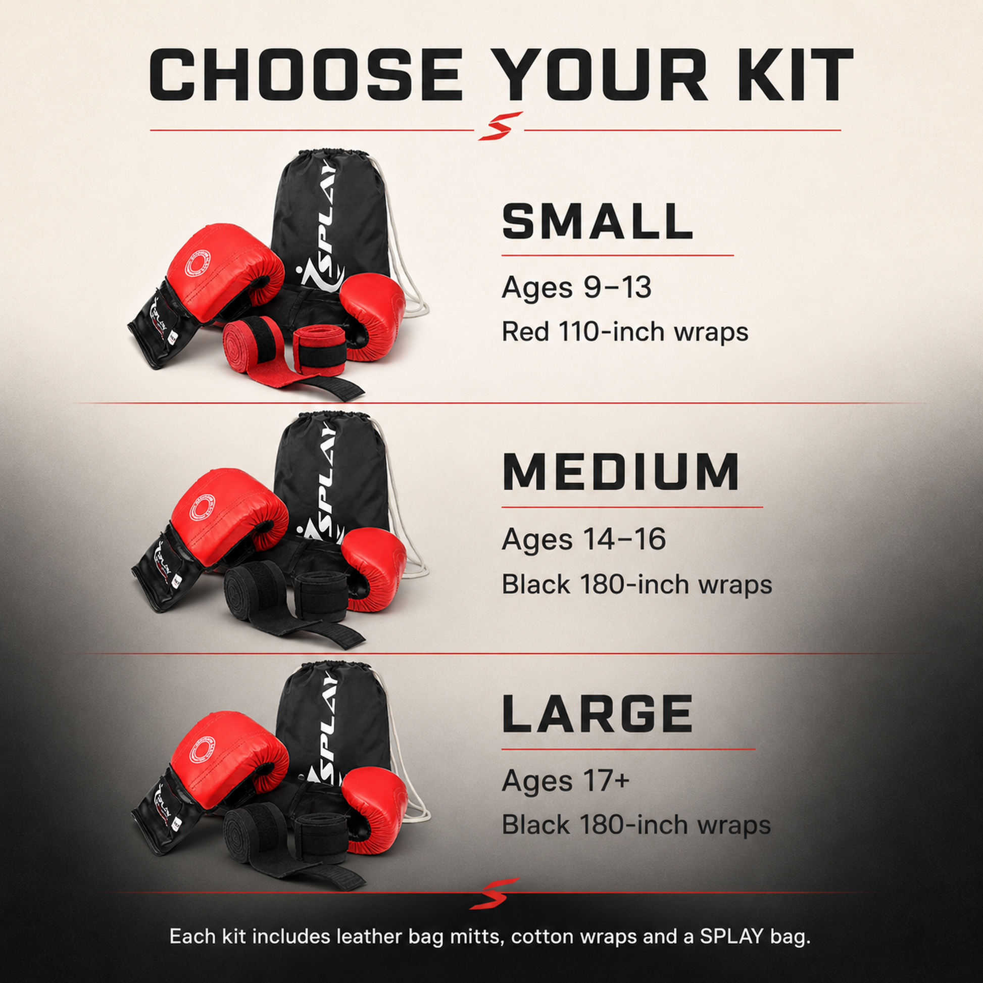 SPLAY bag mitts size guide: Small with red wraps, Medium and Large with black wraps