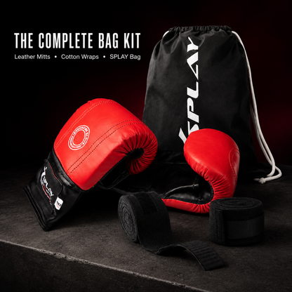 Complete SPLAY punch bag training kit with leather bag mitts, cotton hand wraps and carry bag