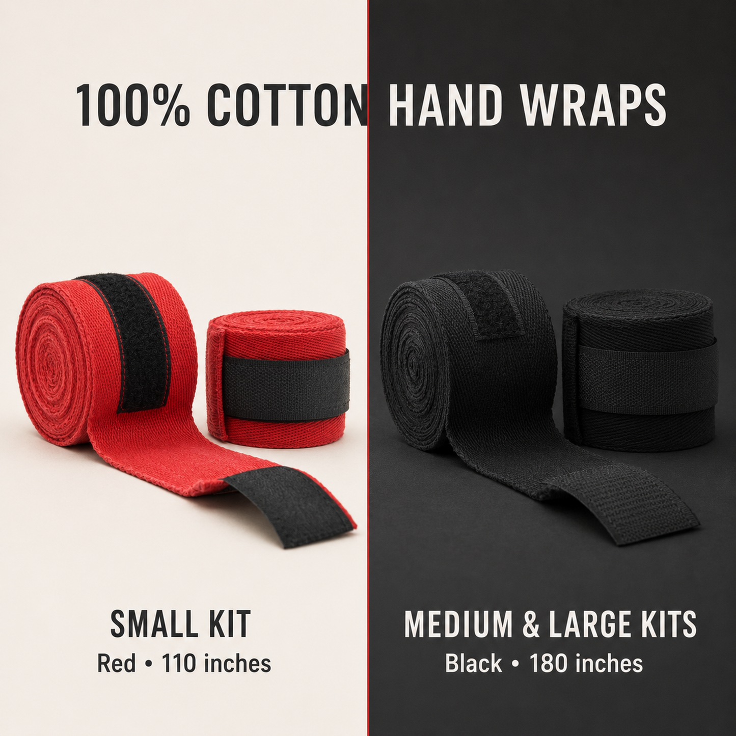 SPLAY 100% cotton boxing hand wraps: red 110-inch pair and black 180-inch pair