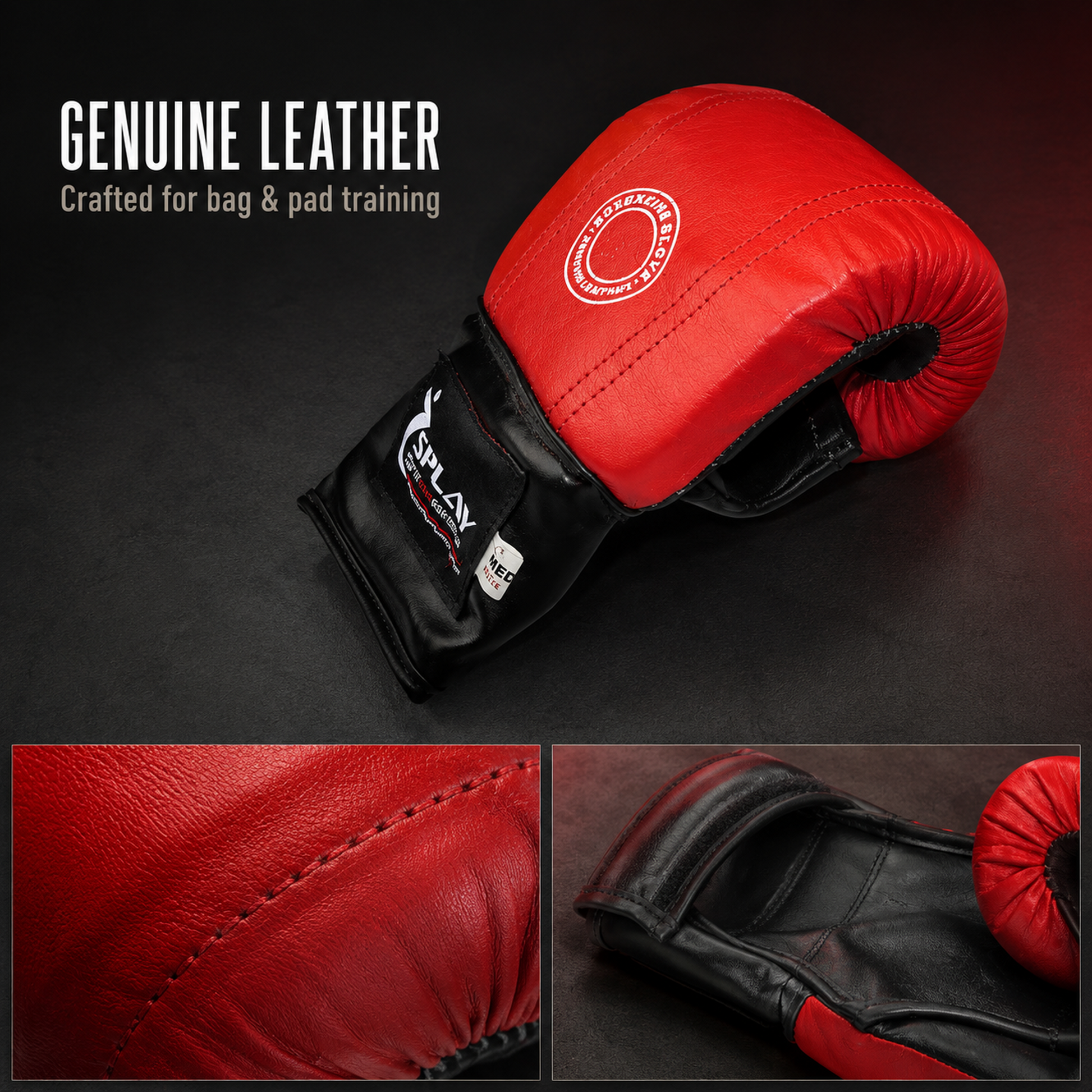 Close-up of red and black genuine leather SPLAY boxing bag mitts with wrist strap and ventilation holes