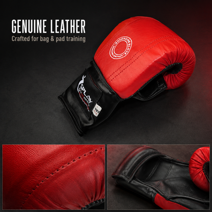 Close-up of red and black genuine leather SPLAY boxing bag mitts with wrist strap and ventilation holes
