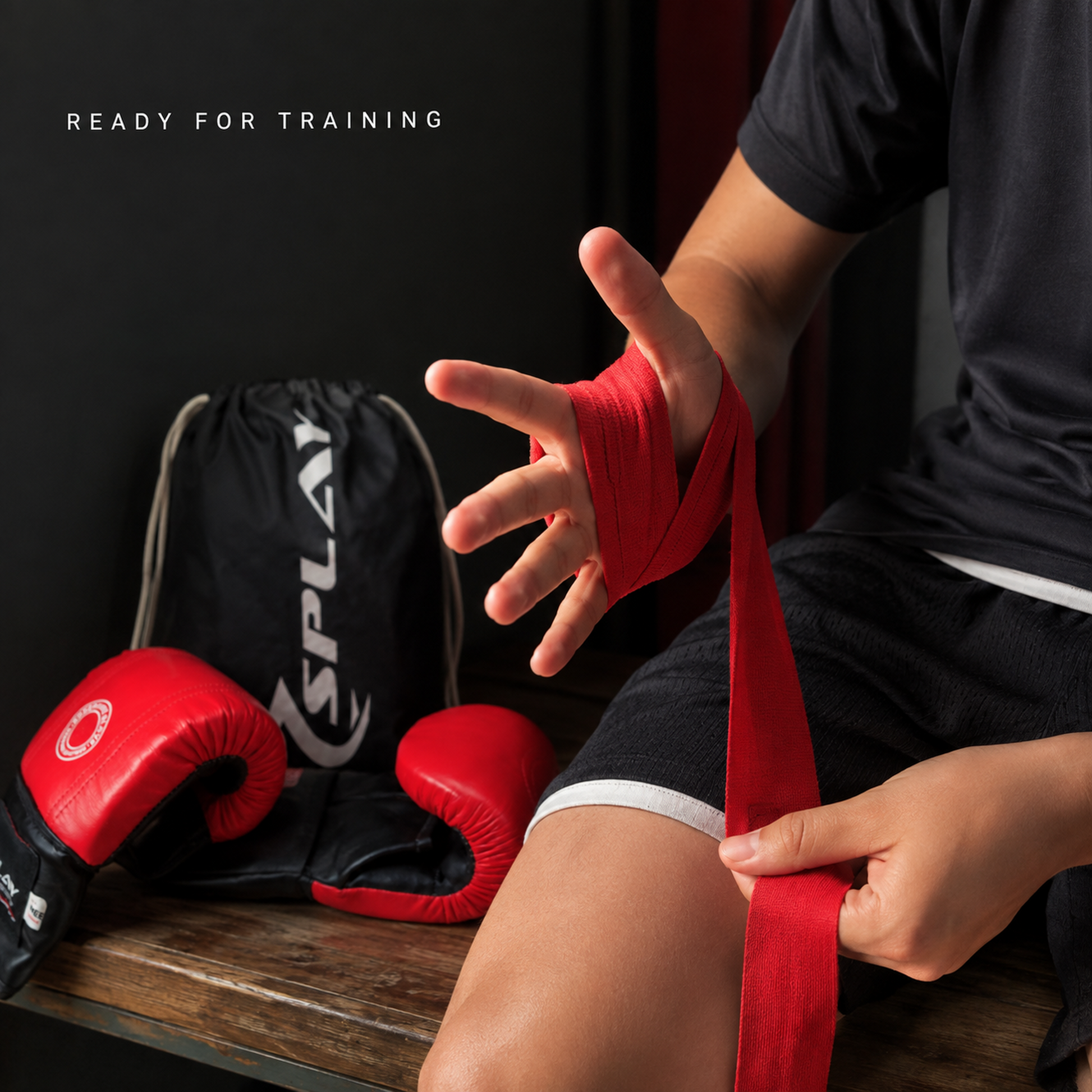 Small SPLAY junior bag mitts kit with red 110-inch cotton hand wraps and carry bag