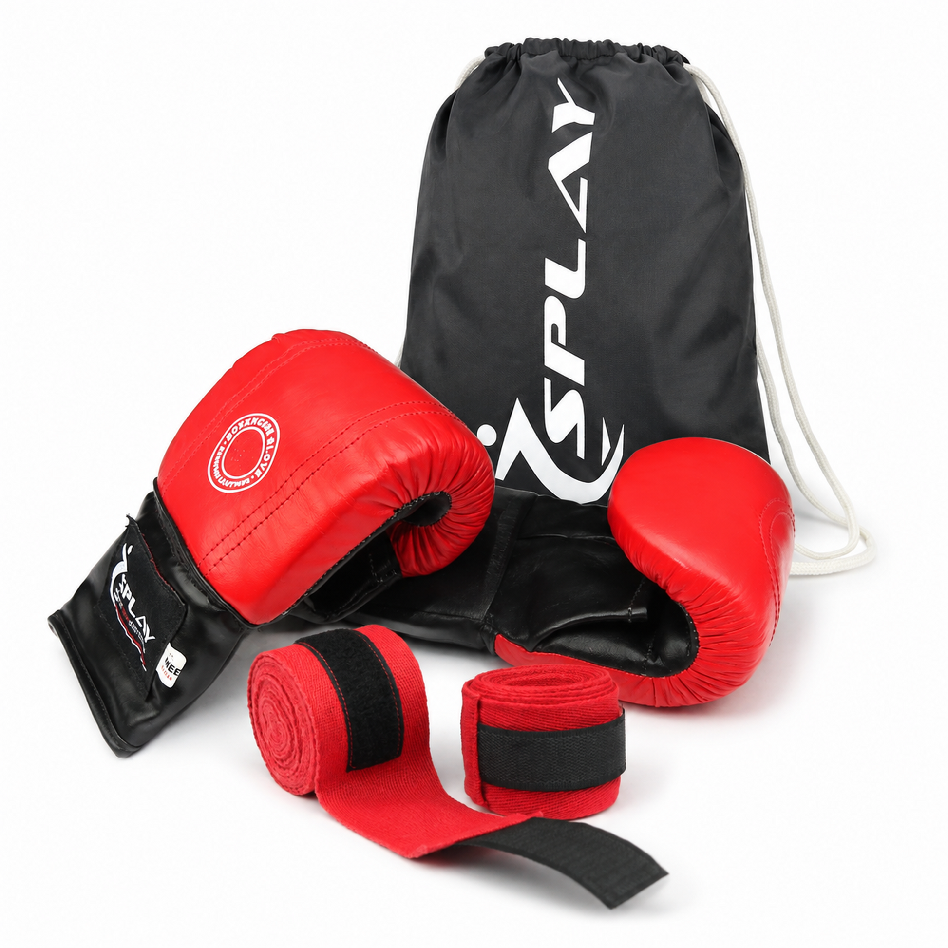 SPLAY small leather boxing bag mitts kit with red 110-inch hand wraps and black carry bag