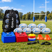 Splay Youth Rugby Coach Training Kit with rugby balls, youth bibs, training markers, orange kicking tees, pump, whistle and mesh carry bag